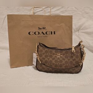 Coach Signature Teri Shoulder Bag Brown and Tan with Gold Chain NWT